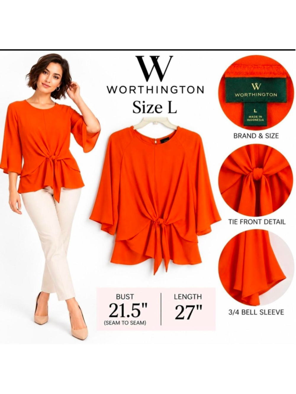 Worthington Orange Tie Front Blouse Size Large Bell Sleeve Peplum Top